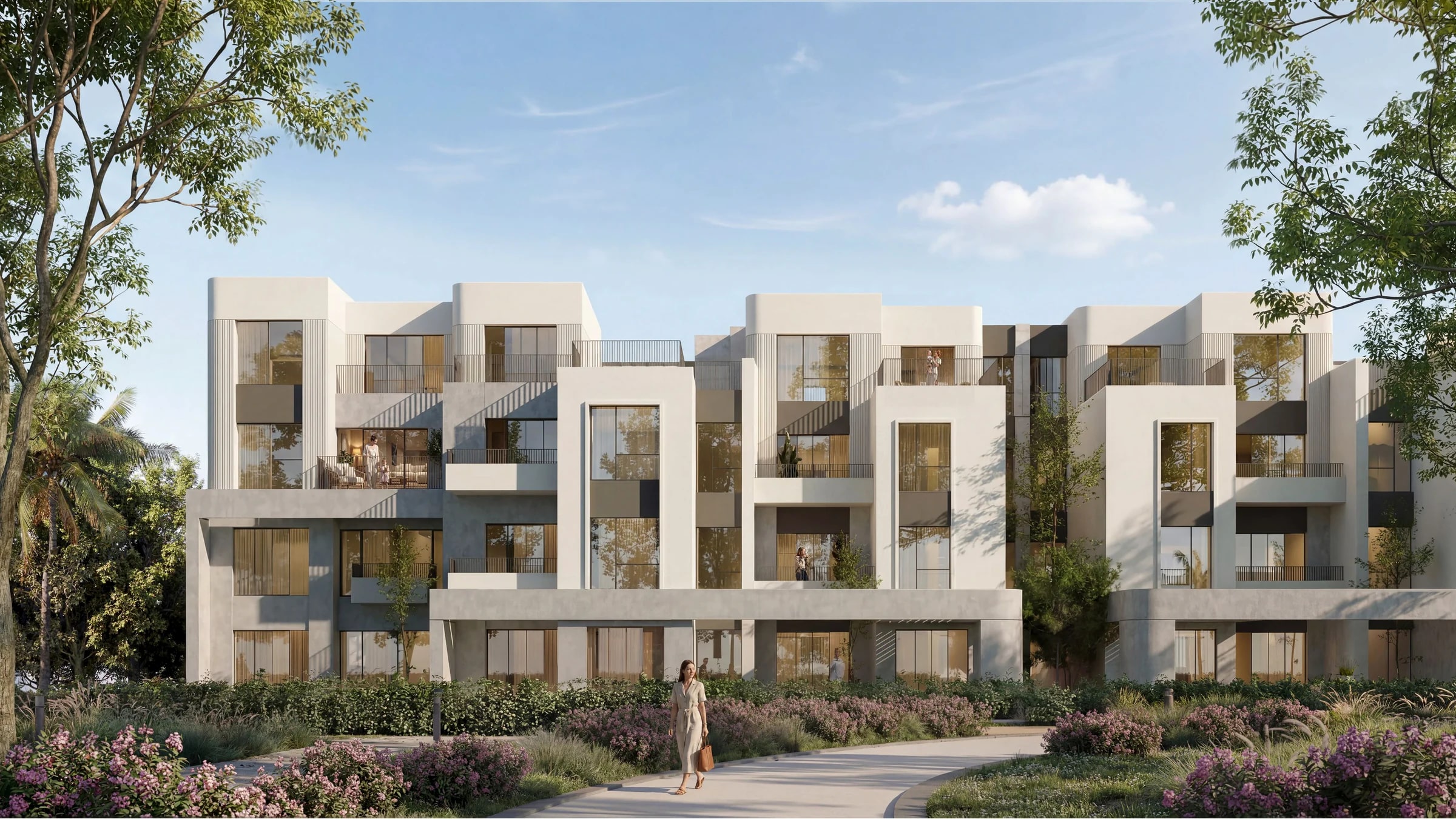 Contemporary residential architecture and landscaped avenues at Solana West New Zayed, West Cairo — ORA Developers Egypt.