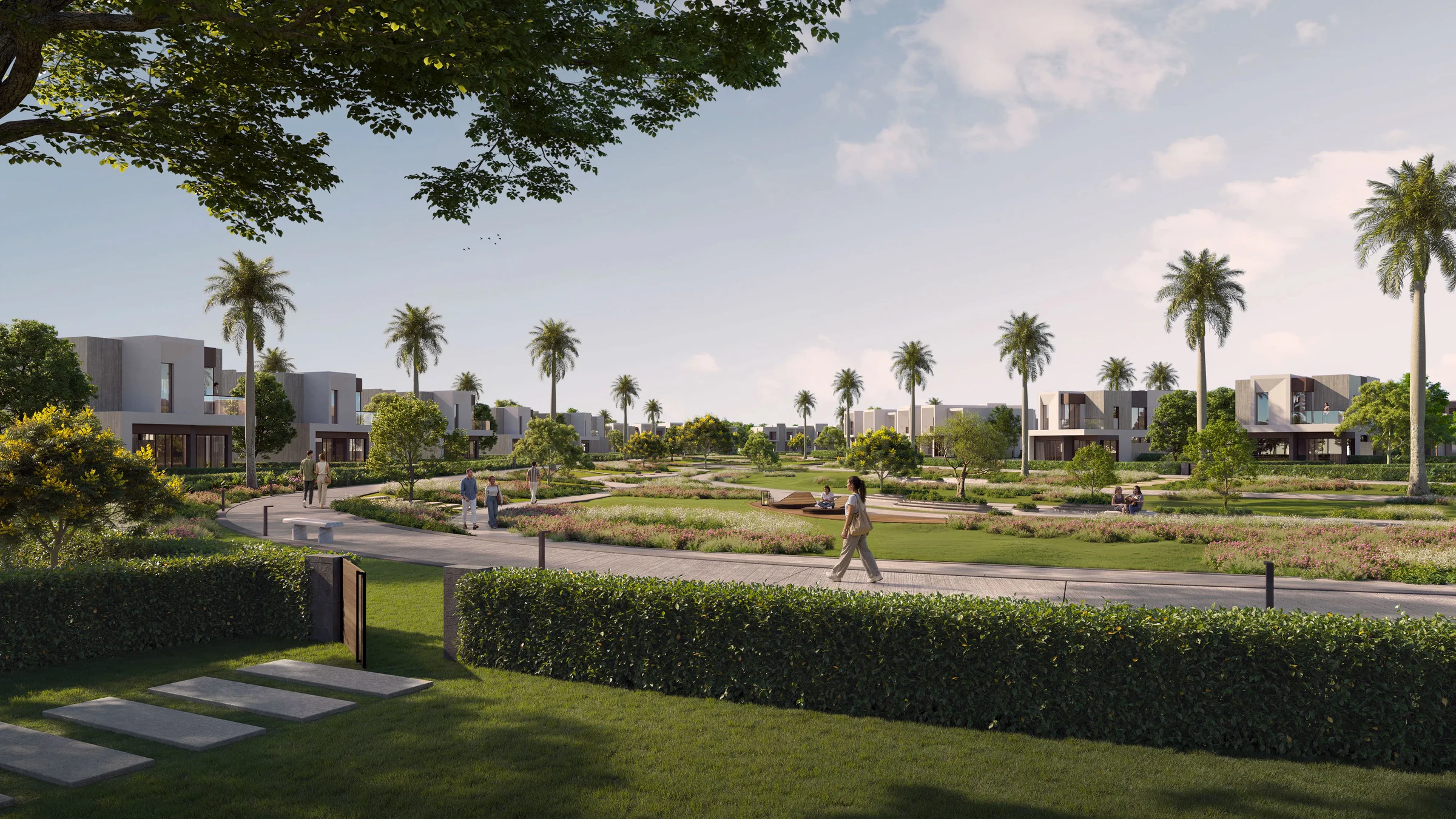 Cinematic landscaped avenues at Solana West New Zayed West Cairo by ORA Developers Egypt.