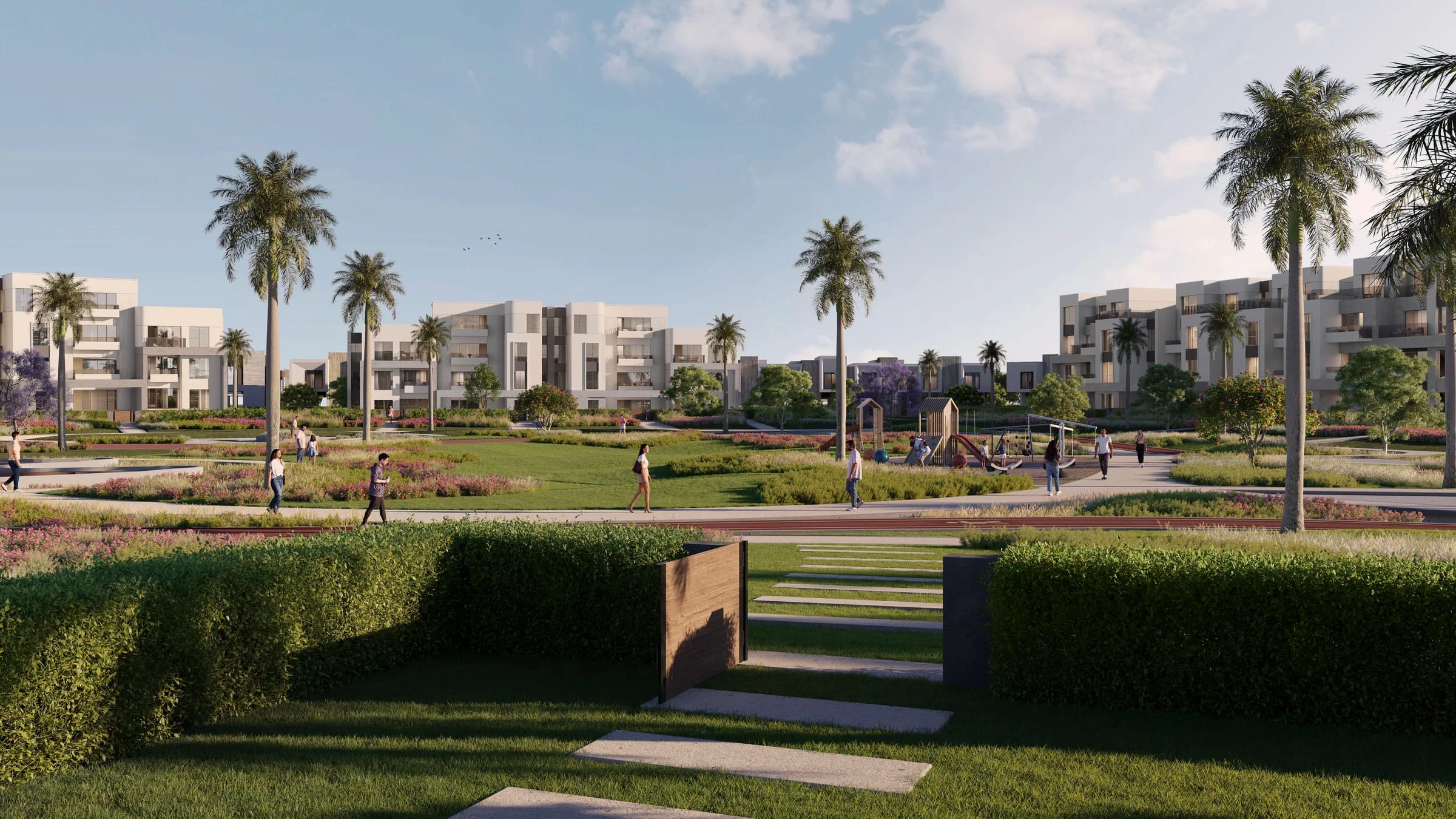 Cinematic landscaped avenues at Solana West New Zayed West Cairo by ORA Developers Egypt.