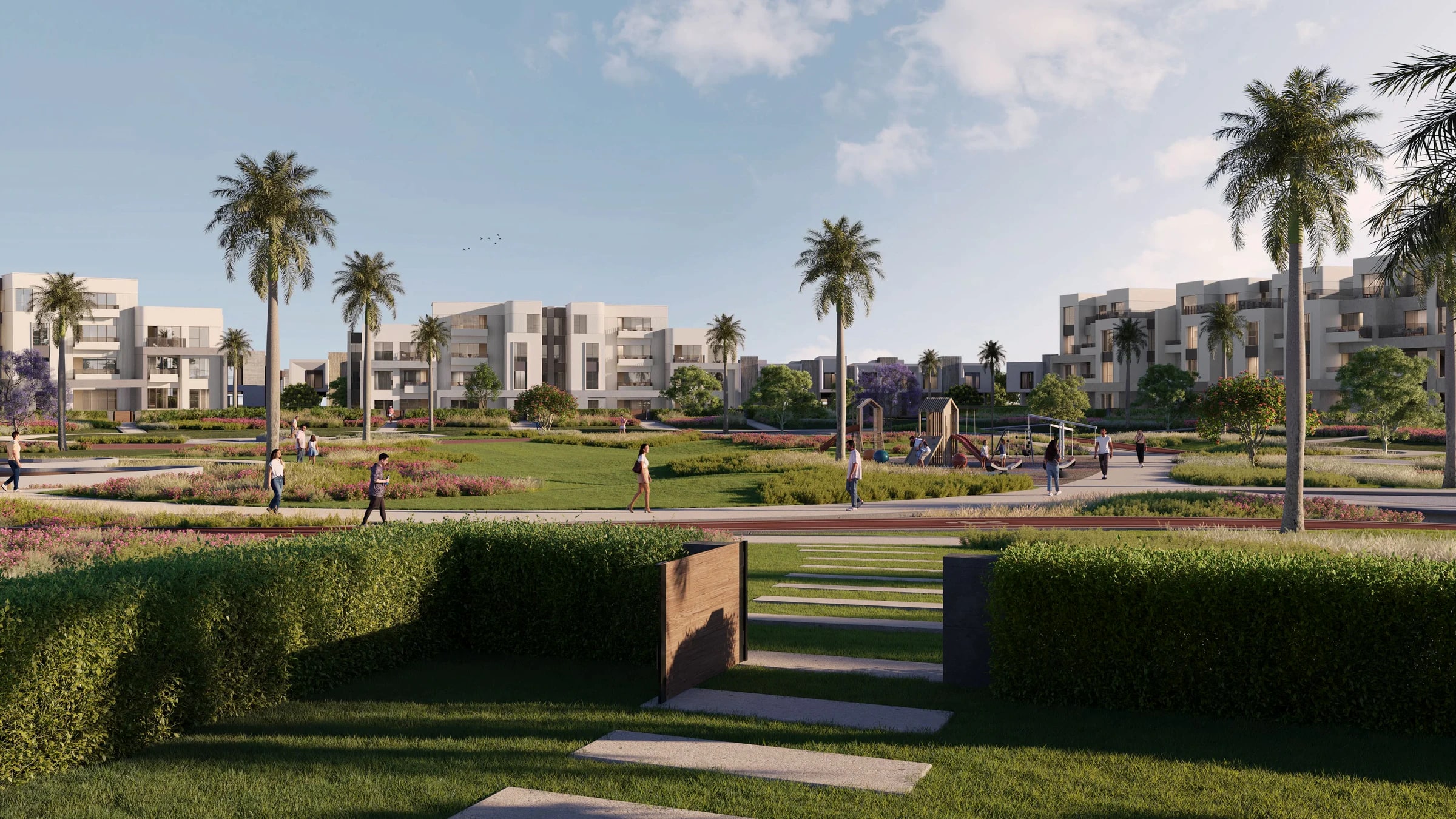 Cinematic landscaped avenues at Solana West New Zayed West Cairo by ORA Developers Egypt.